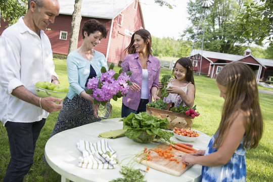Family Party. A Table Laid With Salads And Fresh Fruits And Vegetables. Parents And Children. 
