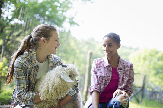 Two Young Girls On The Farm, Outdoors. One With Her Arms Around A Very Fluffy Haired Angora Goat. 