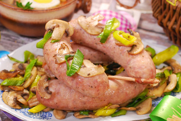 white sausage with mushrooms and leek for easter
