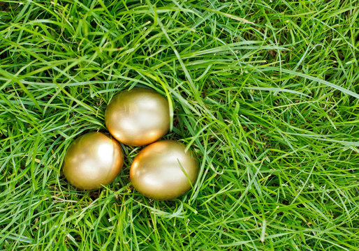 Golden easter eggs on the green grass