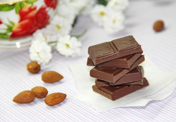 Slices of dark chocolate and nuts