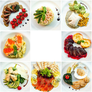 eight different restaurant dishes top view with place for text