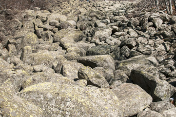 Old moraine rocks with moss in winter sunny day landscape