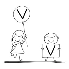 hand drawing cartoon happiness alphabet V