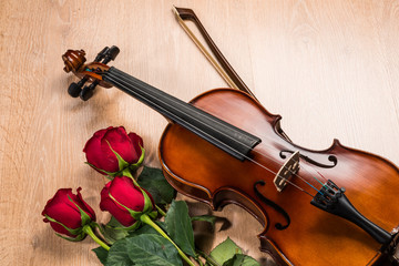 Fototapeta na wymiar Violin, rose and music books