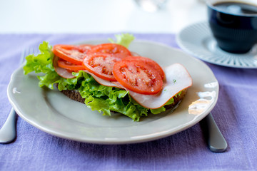 Fresh healthy Tomatoe sandwich with some coffee in the backgroun