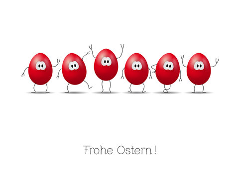 Lustige rote Comic-Eier mit gezeichneten Armen und Beinen