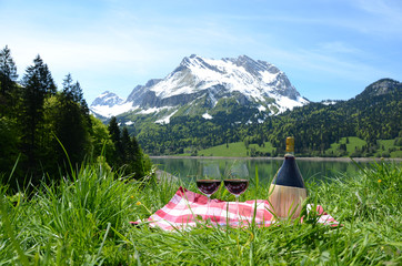 Wine and vegetables served at a picnic in Alpine meadow. Switzer