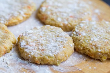 Vegetarian burgers for a hamburger meal of lentils, flour, raw