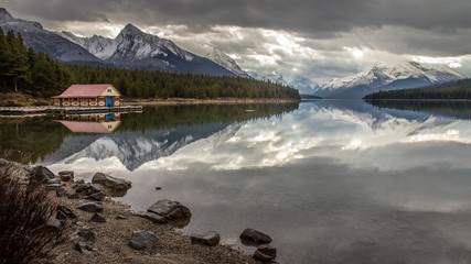 Maligne Lake reflection in Jasper National Park, Alberta, Canada. In the rocky mountains