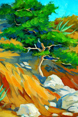 mediterranean landscape with a pine, painting, illustration