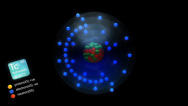 Technetium atom, with element's symbol, number, mass and  color