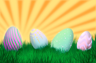 easter eggs on green meadow