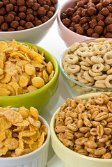 assortment dry cereal, flakes  for breakfast, isolated on white