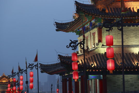 night scene at xian city wall,china 