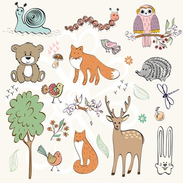 set of wild animals. Hand drawn illustration