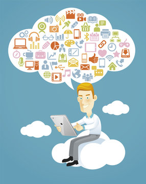 Business man using a tablet sitting on a cloud with social media