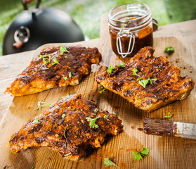 Seasoned ribs on a picnic table at a BBQ