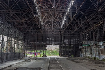 Industrial interior of a old train repair station