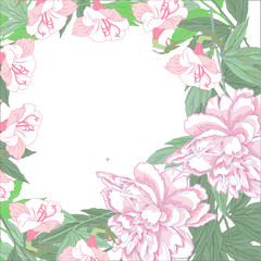 Obraz na płótnie Canvas Background with two pink peonies and pink flowers
