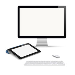 Realistic vector tablet computer, monitor with keyboard and mous