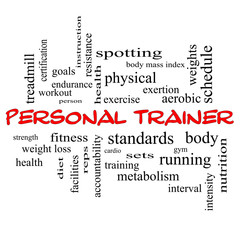 Personal Trainer Word Cloud Concept in red caps