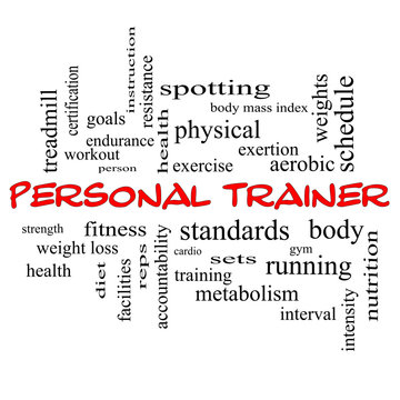 Personal Trainer Word Cloud Concept in red caps