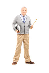 Male teacher holding stick and a book