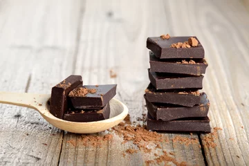 Photo sur Plexiglas Bonbons Chocolate pieces with cocoa in wooden spoon