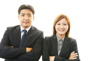 笑顔のビジネスマンとOL