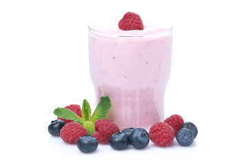 berry yogurt in a glass, close-up, isolated