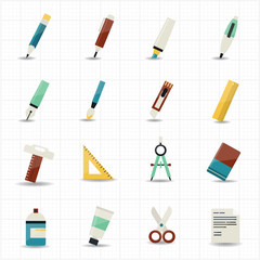 Drawing painting tools icons and stationery set with white