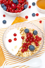 muesli with berries, yogurt and honey for breakfast, top view