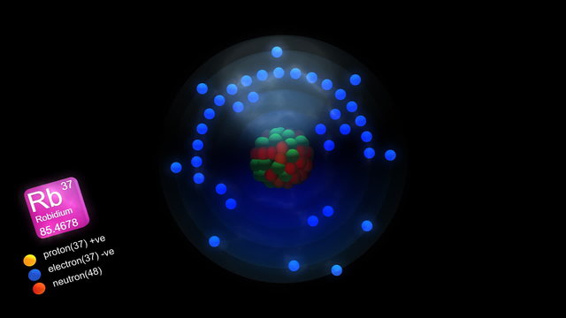 Robidium atom, with element's symbol, number, mass and color