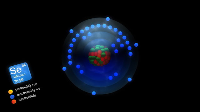 Selenium atom, with element's symbol, number, mass and color