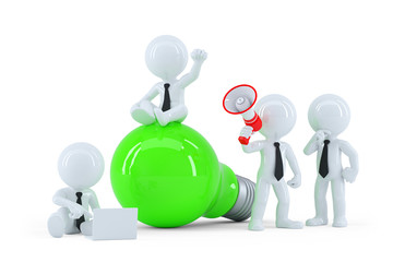 Happy business team with green light bulb. Business concept