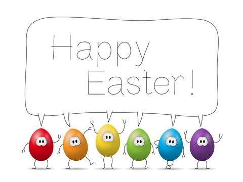 Funny colourful comic eggs with bubble "Happy Easter!"