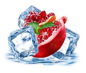 Pomegranate. Fruit with ice isolated on white background