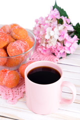 Delicious cookies peaches on table close-up