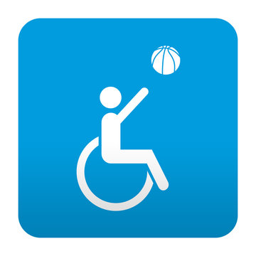 Etiqueta tipo app azul simbolo baloncesto en silla de ruedas