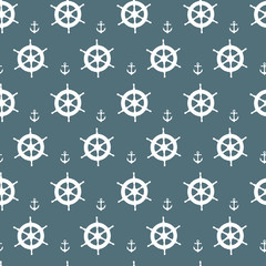 Seamless nautical pattern with white anchors and ship wheels    