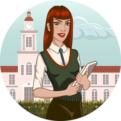 College student standing in front of the university