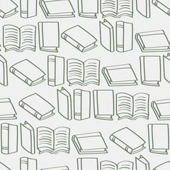 A seamless background tile with outlined cartoon books pattern.