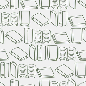 A seamless background tile with outlined cartoon books pattern.