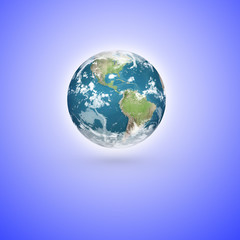 3D Earth model on white background with shadow.