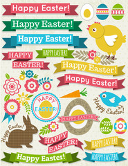 background with ribbon, easter eggs, rabbit and flower, vector