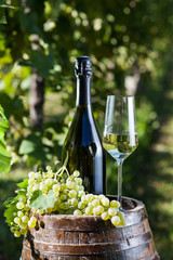 Champagne Flutes and old barrel in a vineyard - 62732335