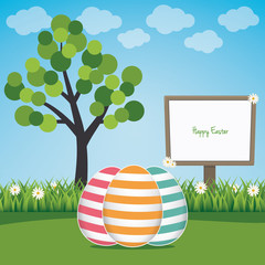 Fototapeta na wymiar sign board happy easter colorful eggs spring landscape