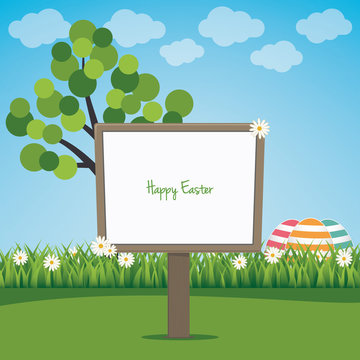 sign board happy easter colorful eggs spring landscape