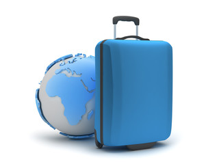Suitcase and globe on white background